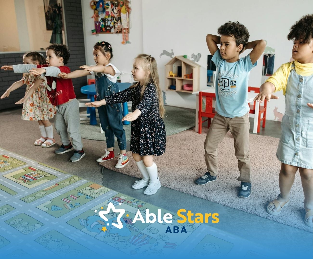 Group of autistic children doing physical exercises together at a colorful classroom in Maryland.