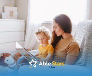 Woman reading a picture book to a young child in a cozy room.