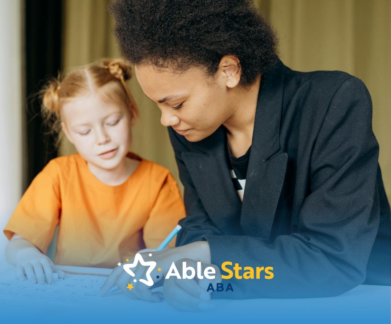 An ABA therapist helping a young autistic girl with reading or letter recognition during ABA therapy in Maryland.