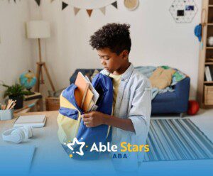 Young boy with autism packing his school backpack in a cozy bedroom.