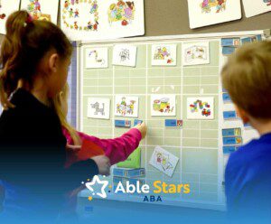 Children engage with a colorful activity board using illustrated cards in a learning environment. The atmosphere is educational and interactive.