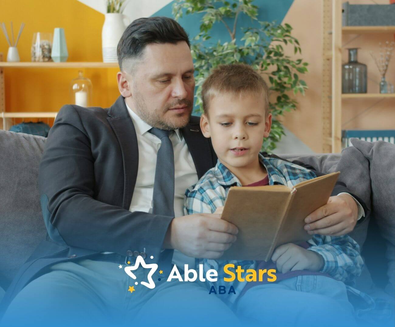 Adult guides child through reading on a cozy couch in a vibrant, patterned living room filled with light