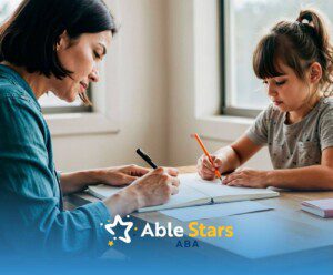 A BCBA helping an autistic child with writing at a table near a window during ABA therapy.