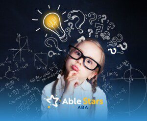 A young girl with glasses and a thoughtful expression stands before a blackboard covered in math formulas, question marks, and a glowing lightbulb, suggesting curiosity.