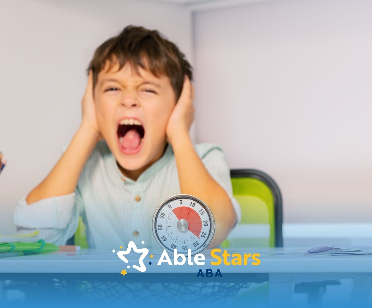 A child in a light shirt covers their ears, appearing overwhelmed. A timer and paper with pens are on the desk.